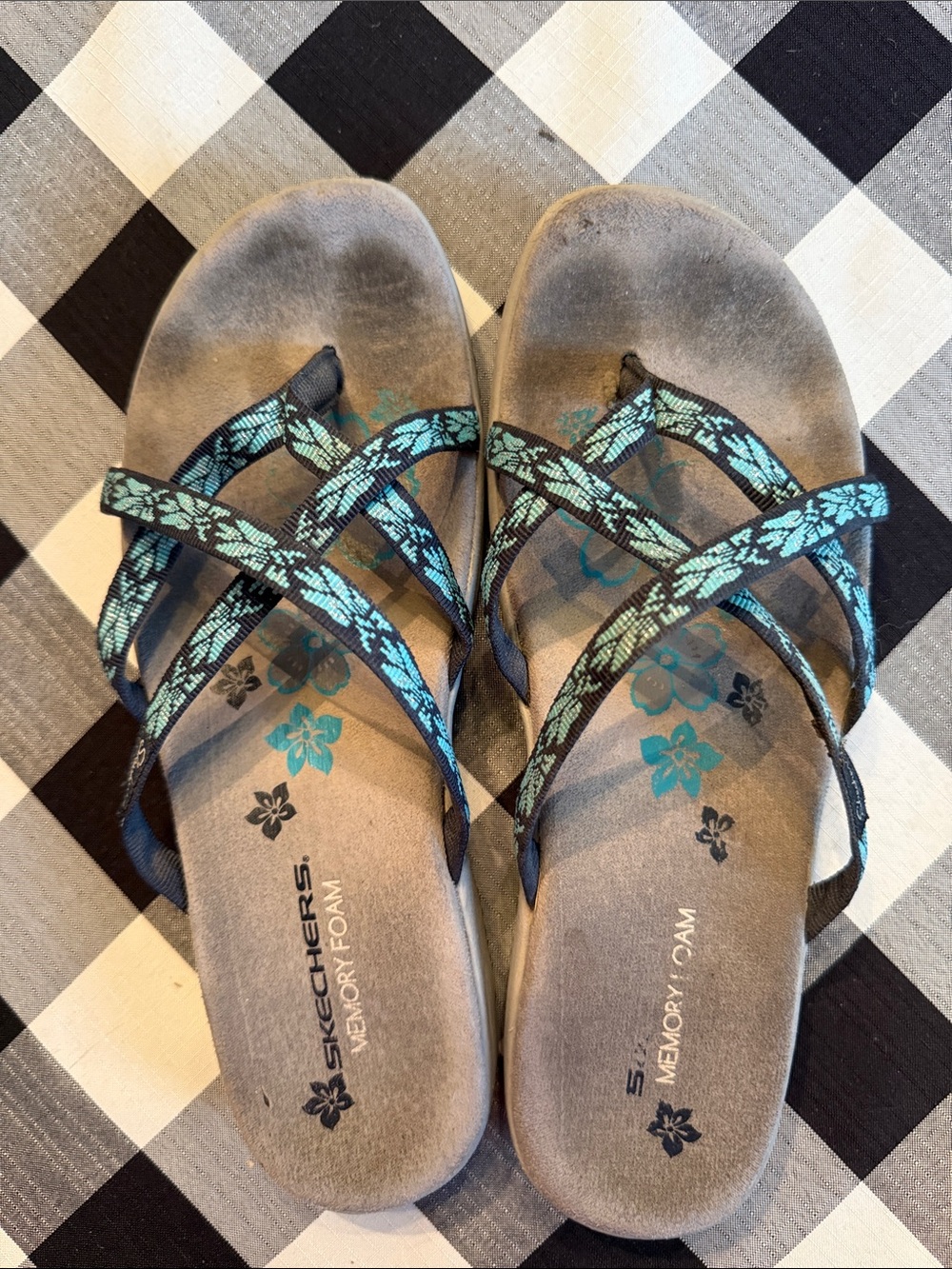 Skechers Teal and Black Floral Strappy Memory Foam Sandals